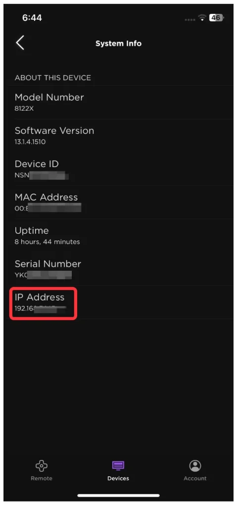 Roku IP address on the app