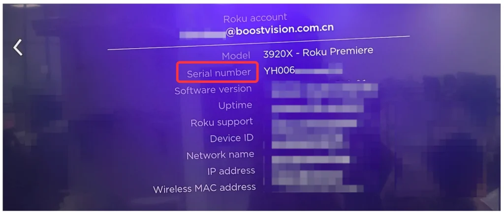 Roku serial number on the settings menu