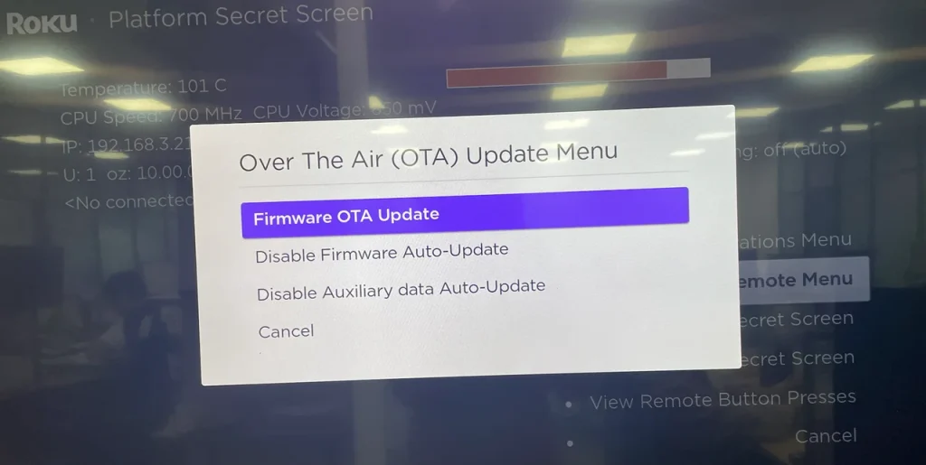 choose OTA Firmware Update on Roku