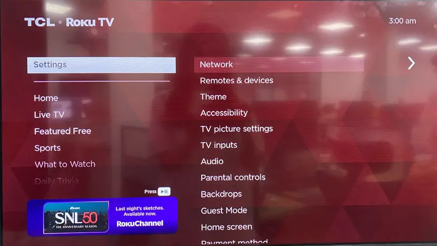 Settings menu on TCL Roku