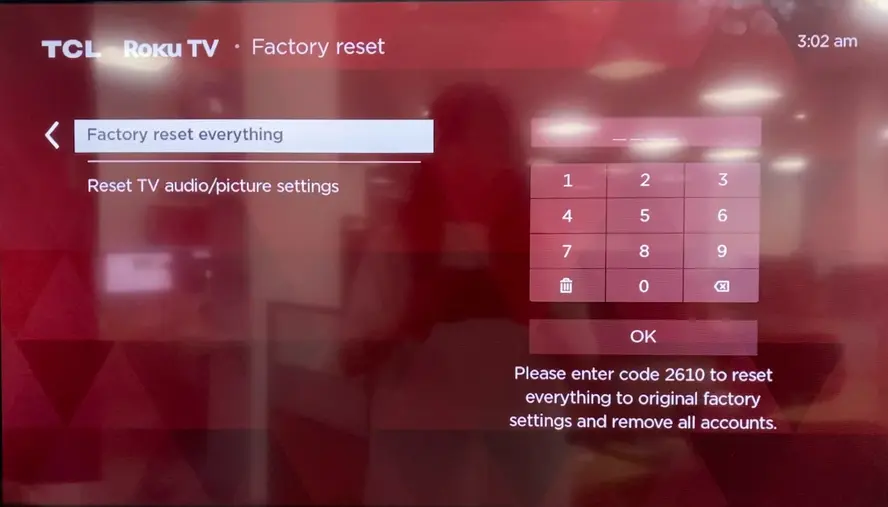 Factory reset everything option on TCL Roku TV