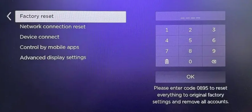 choose Factory reset on Roku