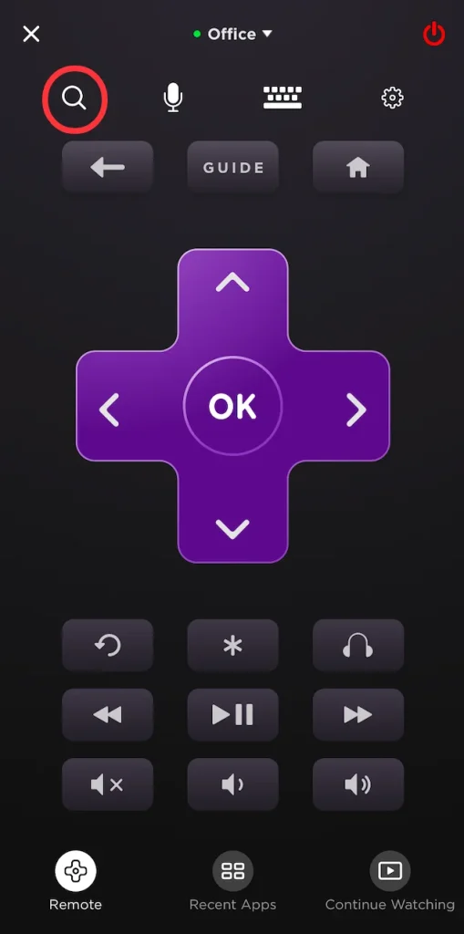 locate the Search button on the Roku app