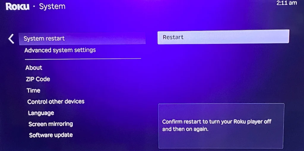 choose to restart Roku