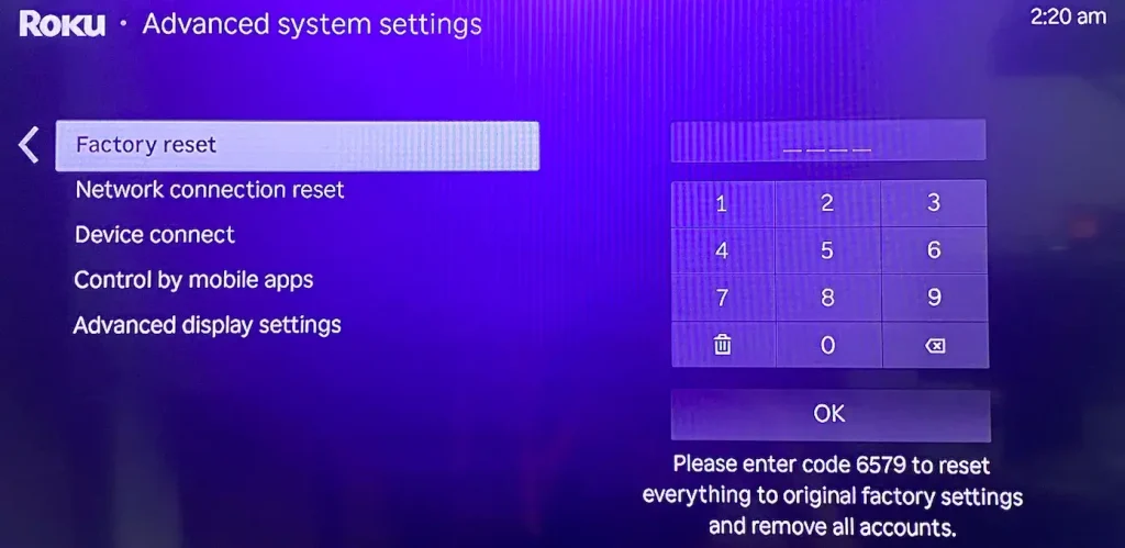 choose to factory reset Roku