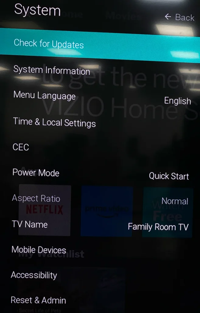 check updates on Vizio TV