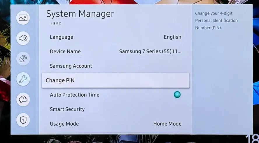 Change PIN option on the Samsung TV