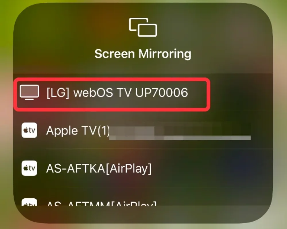 choose TV from the Screen Mirroring menu