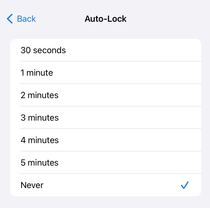 Never option in the Auto-lock section on the iPhone