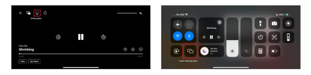 AirPlay option and Screen mirroring option on iPhone