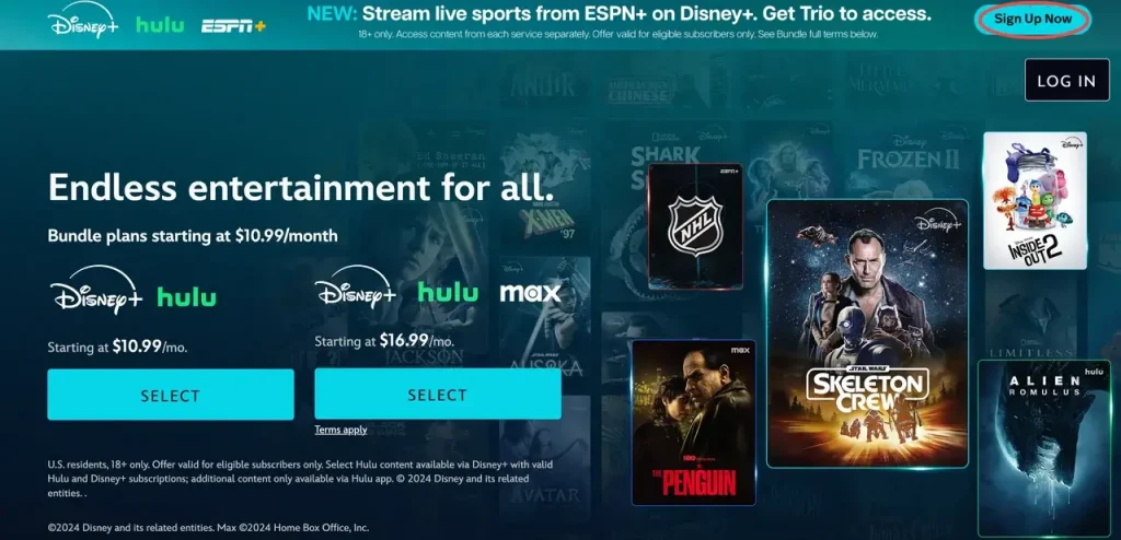 Sign Up Now button on the Disney+ website