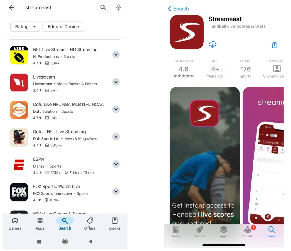 "StreamEast" search result on Google Play and App Store