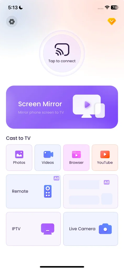 the Screen Mirroring app interface