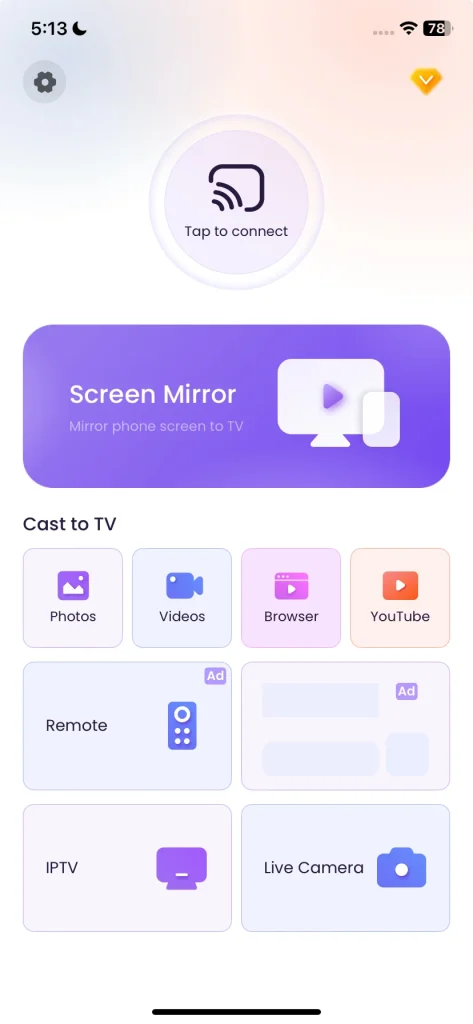 the screen mirroring app interface