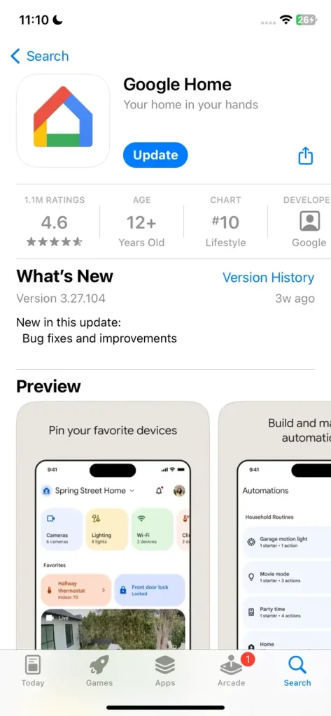 Google Home in the Apple App Store