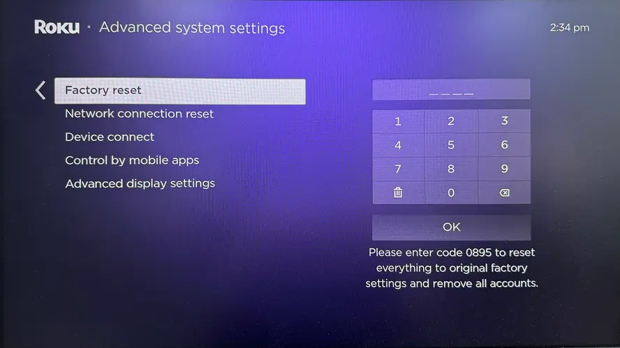 Factory reset on Roku