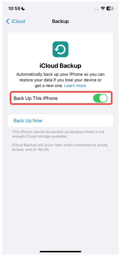 enable Back Up This iPhone