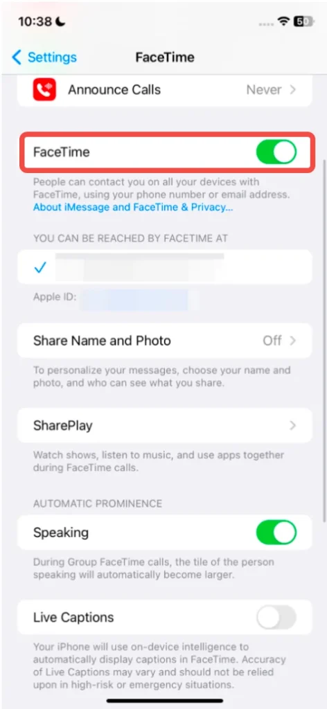 restart FaceTime from Settings