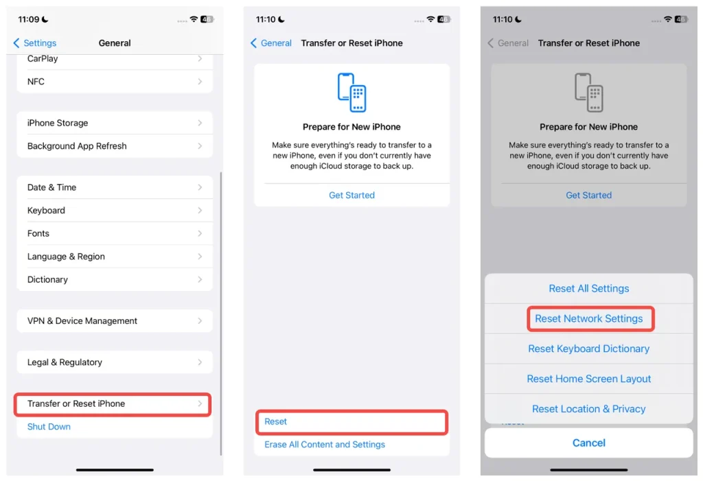 reset network settings on iPhone