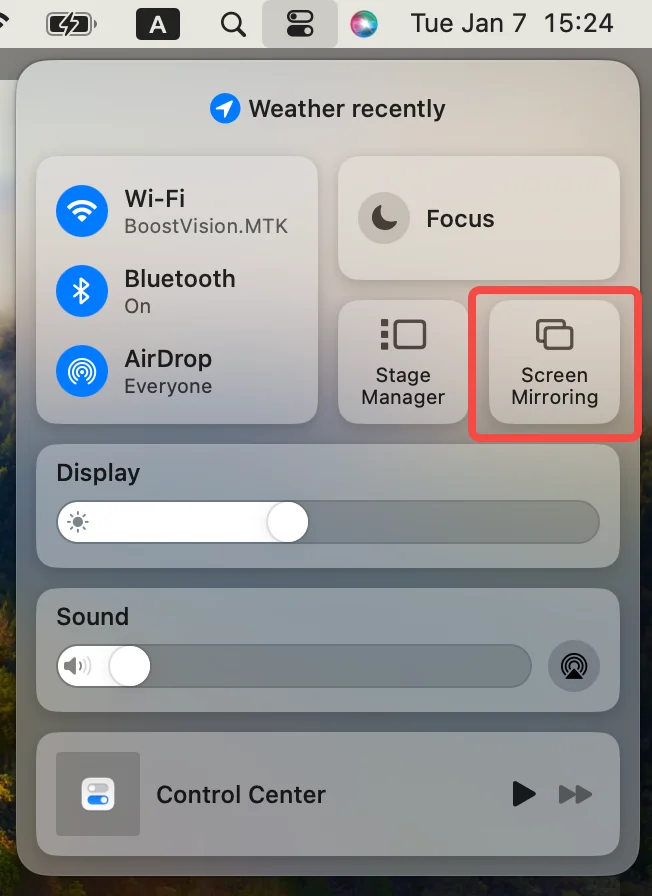 Screen mirroring feature in the control center on Mac