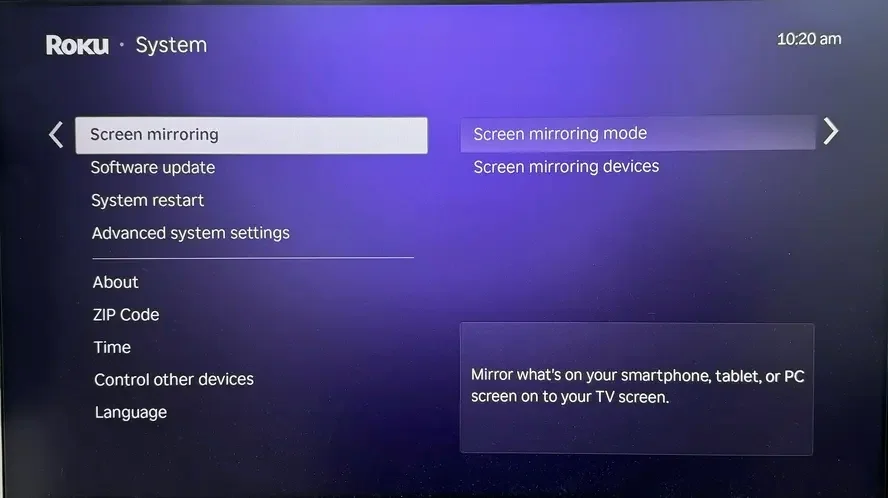 Screen mirroring option on Roku