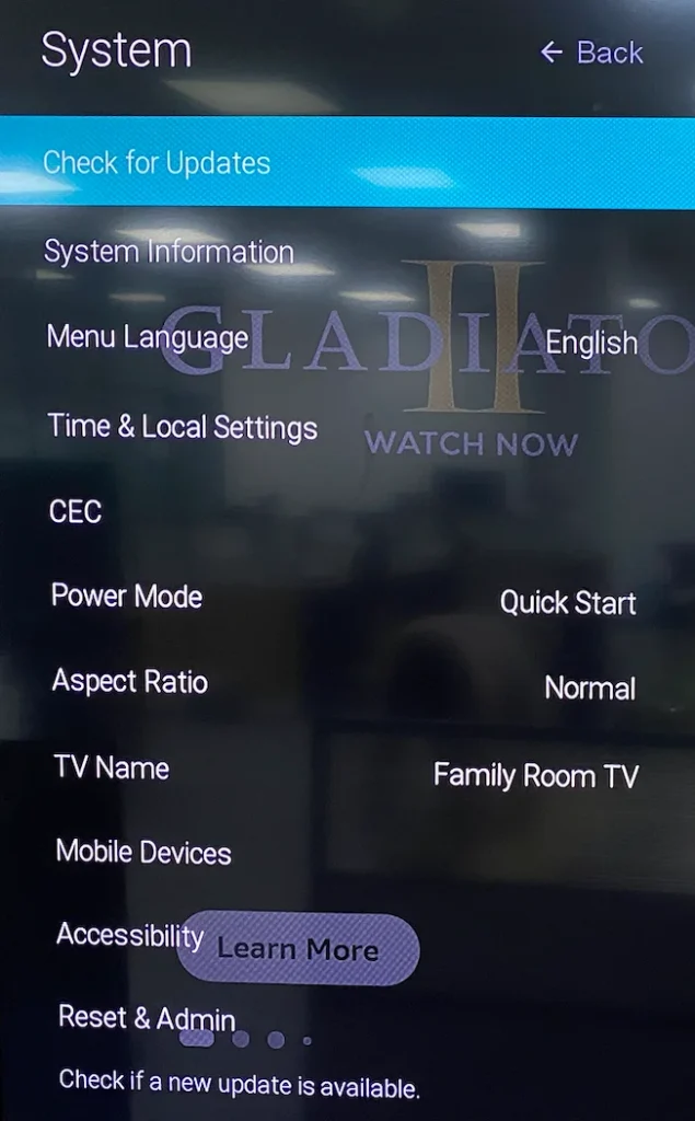 choose Check for Updates on Vizio TV
