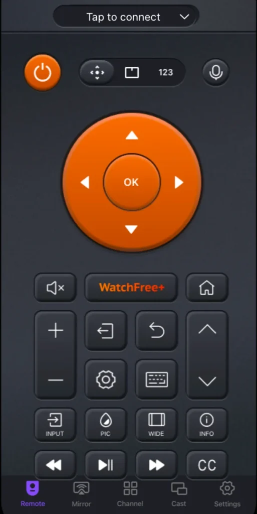 the Universal Vizio TV Remote app interface