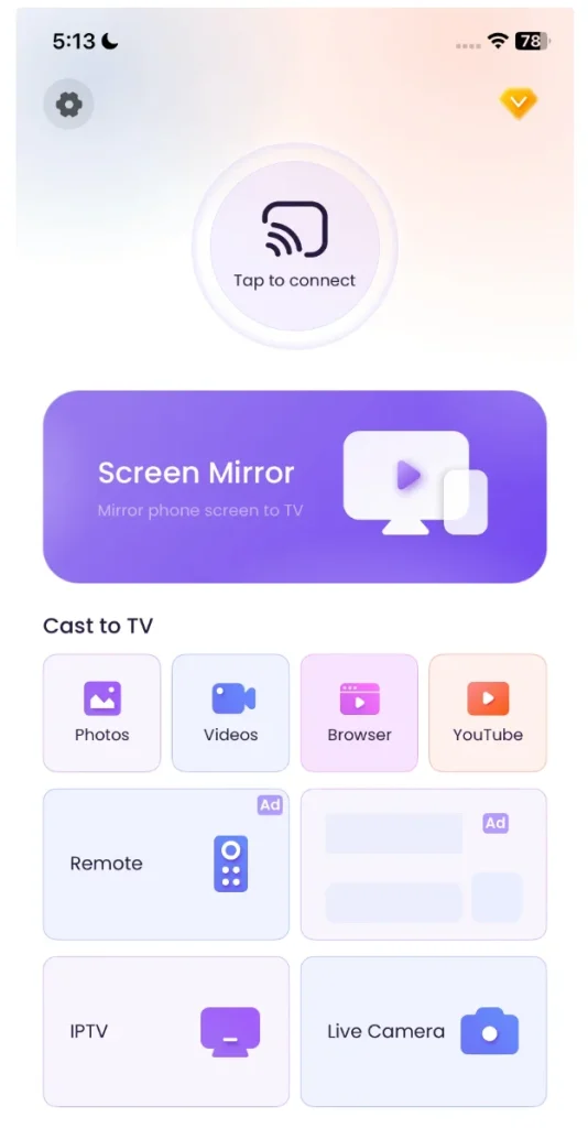 the Screen Mirroring: TV Cast app interface