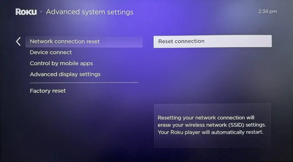 Network connection reset option on Roku