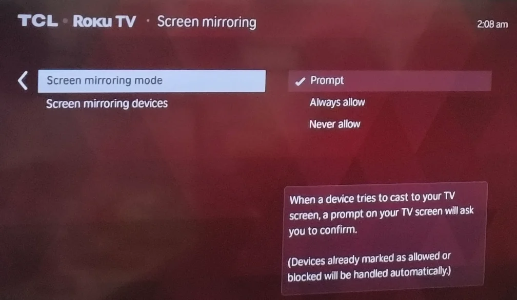 check Roku screen mirroring mode