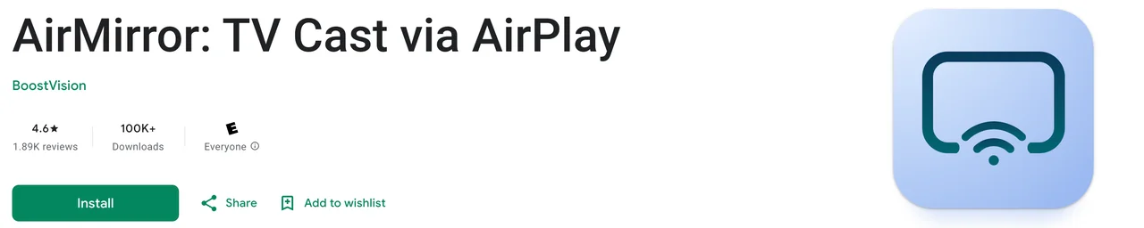 an AirPlay receiver app designed by BoostVision on Google Play