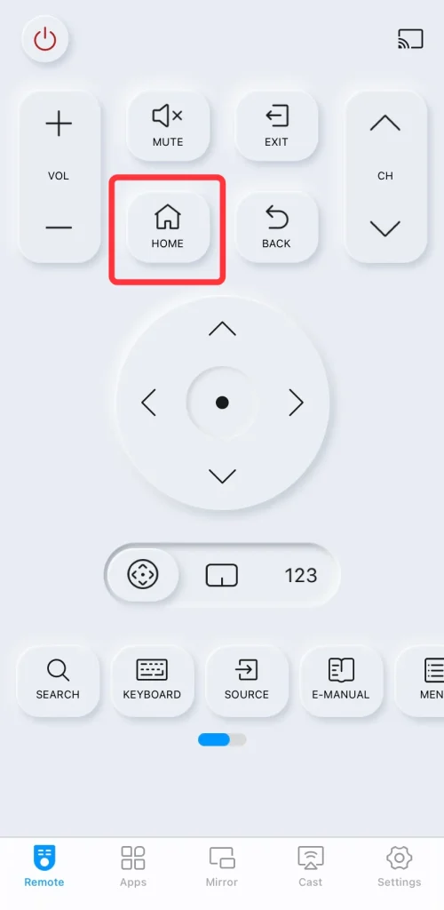 Home button on the tv remote app