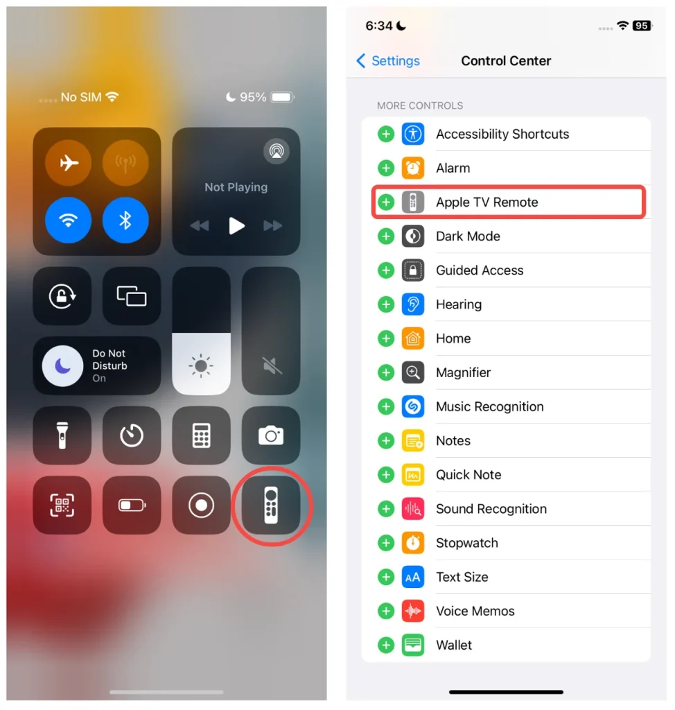 find Apple TV Remote in Control Center