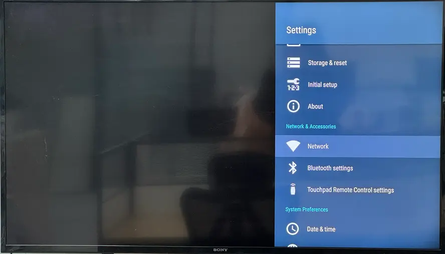 Network settings on Sony TV