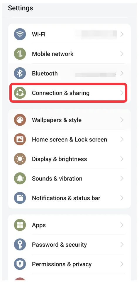 find Connection & sharing in the Settings menu